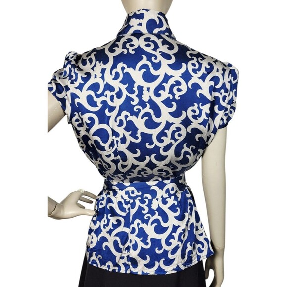 Vintage Y2k Bebe Silk Cobalt Grey Puff Sleeve Scroll Logo AOP Belted Blouse M/L - Picture 7 of 15
